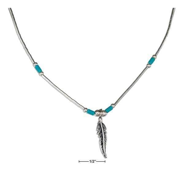 Silver Necklaces Sterling Silver 18" Liquid Silver Feather Necklace With Simulated Turquoise Heishi JadeMoghul Inc.