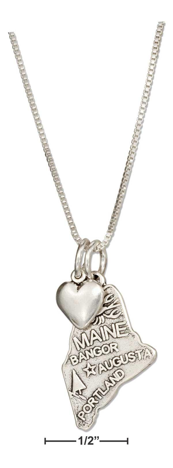 Silver Necklaces Sterling Silver 18" Maine State Pendant Necklace With Heart Charm JadeMoghul