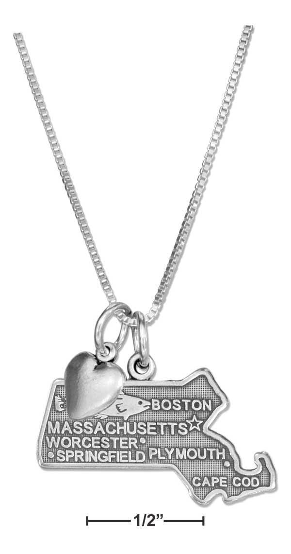 Silver Necklaces Sterling Silver 18" Massachusetts State Pendant Necklace With Heart Charm JadeMoghul
