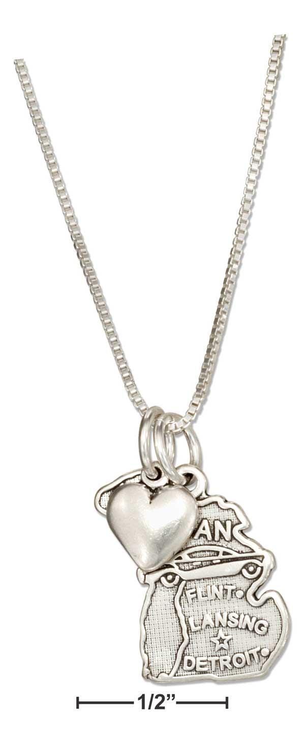 Silver Necklaces Sterling Silver 18" Michigan State Pendant Necklace With Heart Charm JadeMoghul