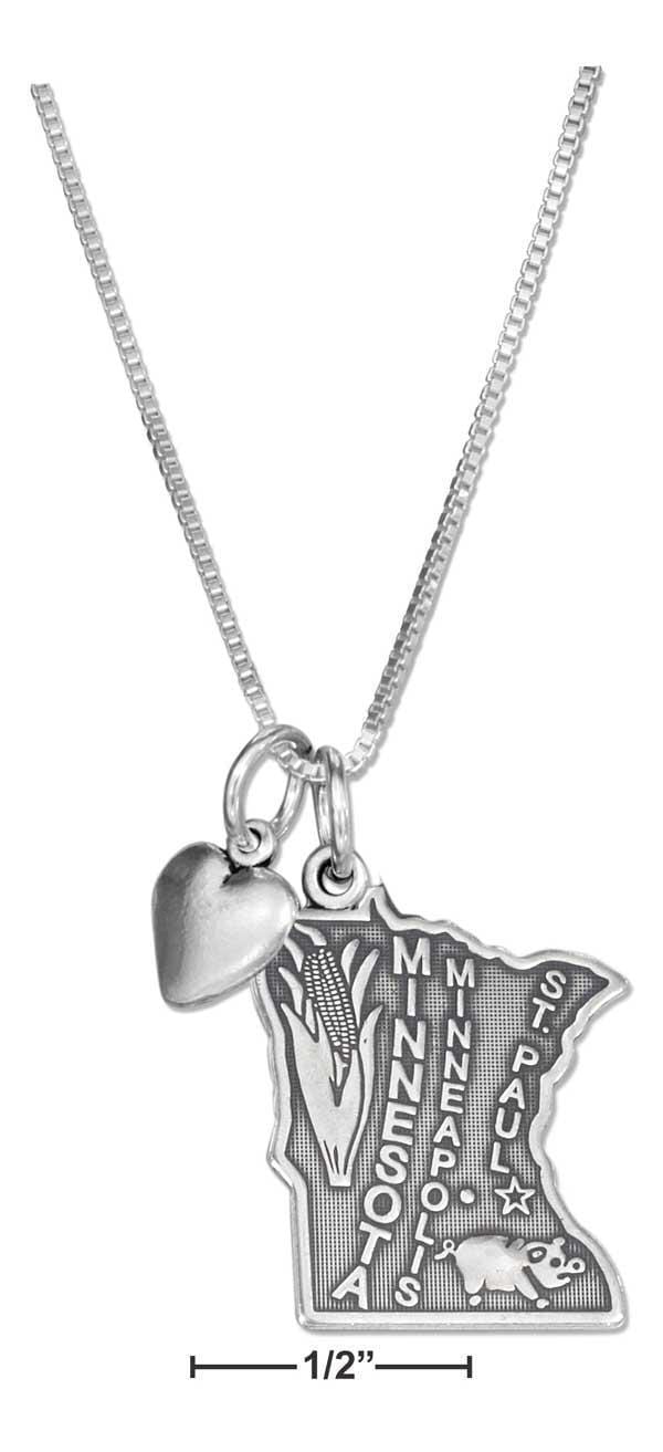 Silver Necklaces Sterling Silver 18" Minnesota State Pendant Necklace With Heart Charm JadeMoghul