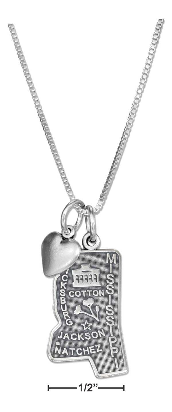 Silver Necklaces Sterling Silver 18" Mississippi State Pendant Necklace With Heart Charm JadeMoghul