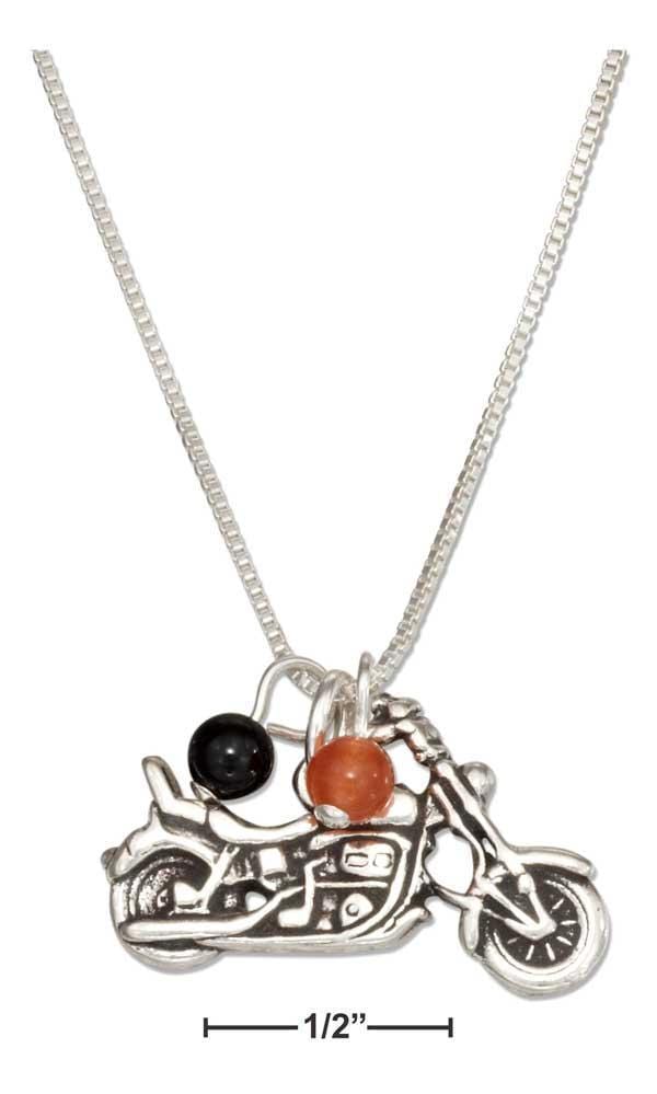 Silver Necklaces Sterling Silver 18" Motorcycle Pendant Necklace With Black And Orange Beads JadeMoghul