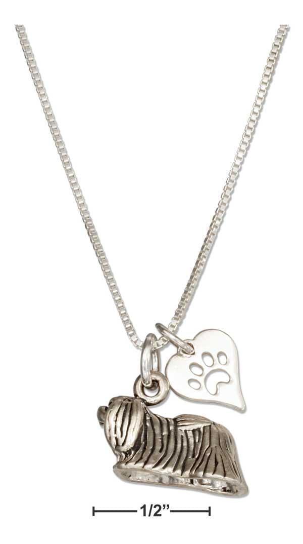 Silver Necklaces Sterling Silver 18" Pekingese Dog Pendant Necklace With Paw Print Heart JadeMoghul Inc.