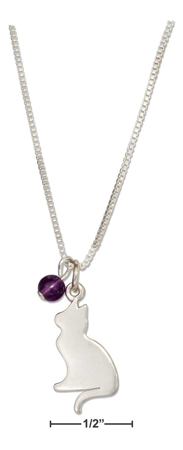 Silver Necklaces Sterling Silver 18" Silhouette Cat Pendant Necklace With Amethyst Bead JadeMoghul