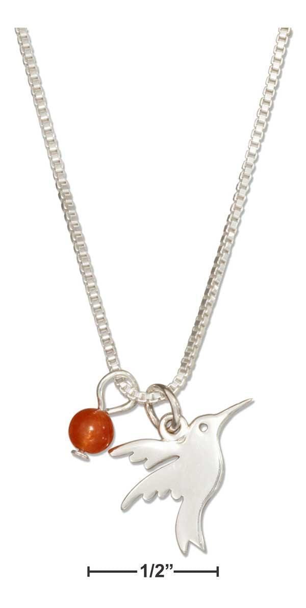 Silver Necklaces Sterling Silver 18" Silhouette Hummingbird Necklace With Dark Orange Quartz Bead JadeMoghul