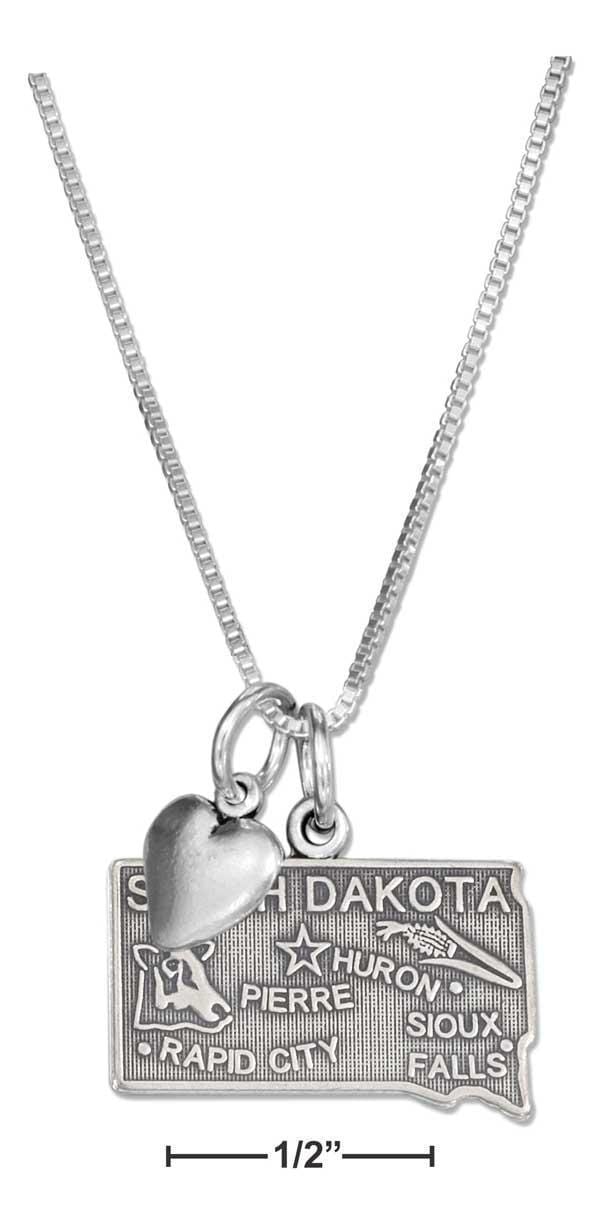 Silver Necklaces Sterling Silver 18" South Dakota State Pendant Necklace With Heart Charm JadeMoghul