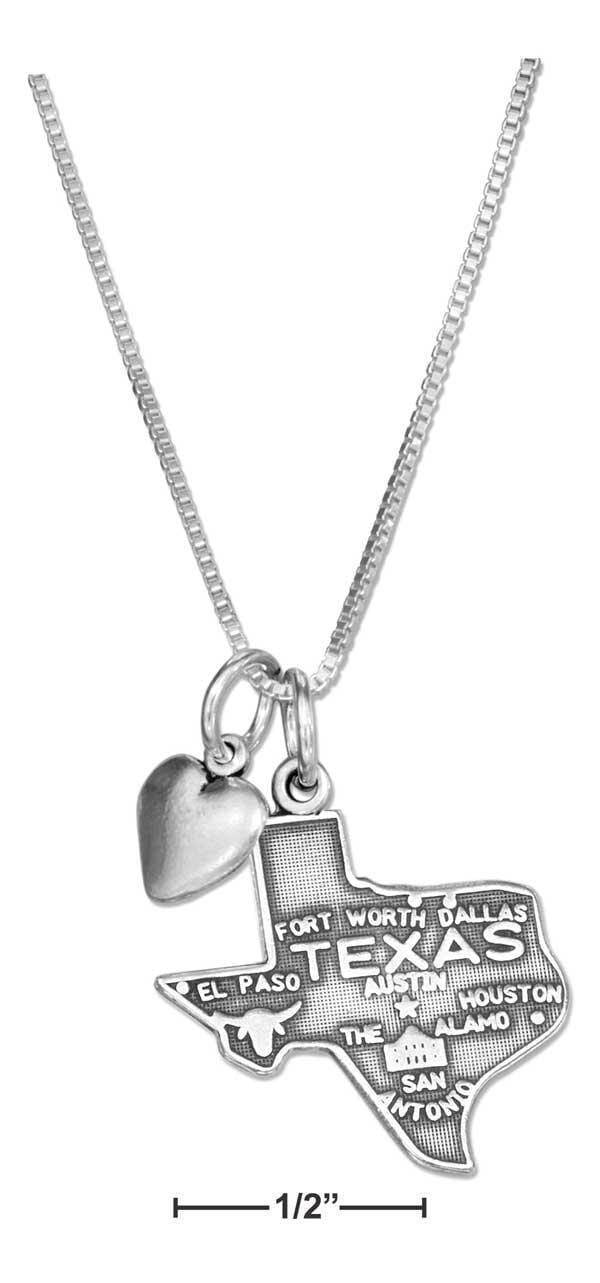 Silver Necklaces Sterling Silver 18" Texas State Pendant Necklace With Heart Charm JadeMoghul