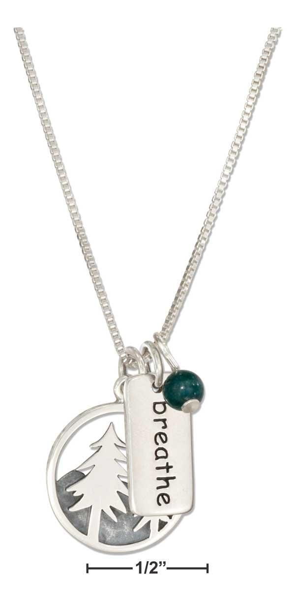 Silver Necklaces Sterling Silver 18" Trees Mountains And Breathe Necklace With Dark Green Bead JadeMoghul Inc.