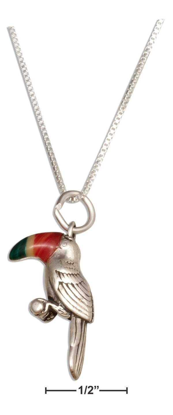 Silver Necklaces Sterling Silver 18" Tropical Toucan Bird Necklace With Colorful Inlaid Beak JadeMoghul Inc.