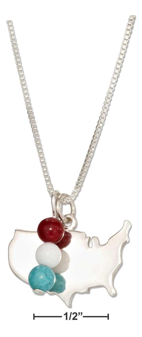 Silver Necklaces Sterling Silver 18" Usa Silhouette Pendant Necklace With Red White And Blue Beads JadeMoghul