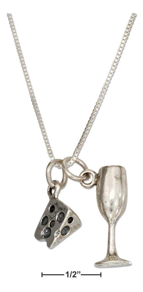 Silver Necklaces Sterling Silver 18" Wedge Of Cheese And Wine Glass Pendant Necklace JadeMoghul