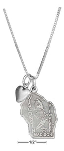 Silver Necklaces Sterling Silver 18" Wisconsin State Pendant Necklace With Heart Charm JadeMoghul