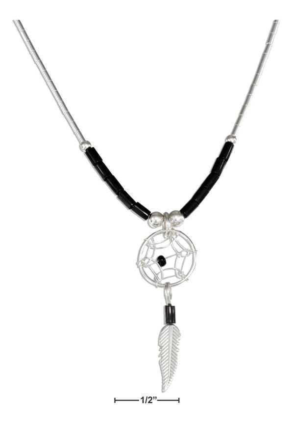 Silver Necklaces Sterling Silver 20" Simulated Black Onyx Heishi Bead Dreamcatcher Necklace JadeMoghul Inc.