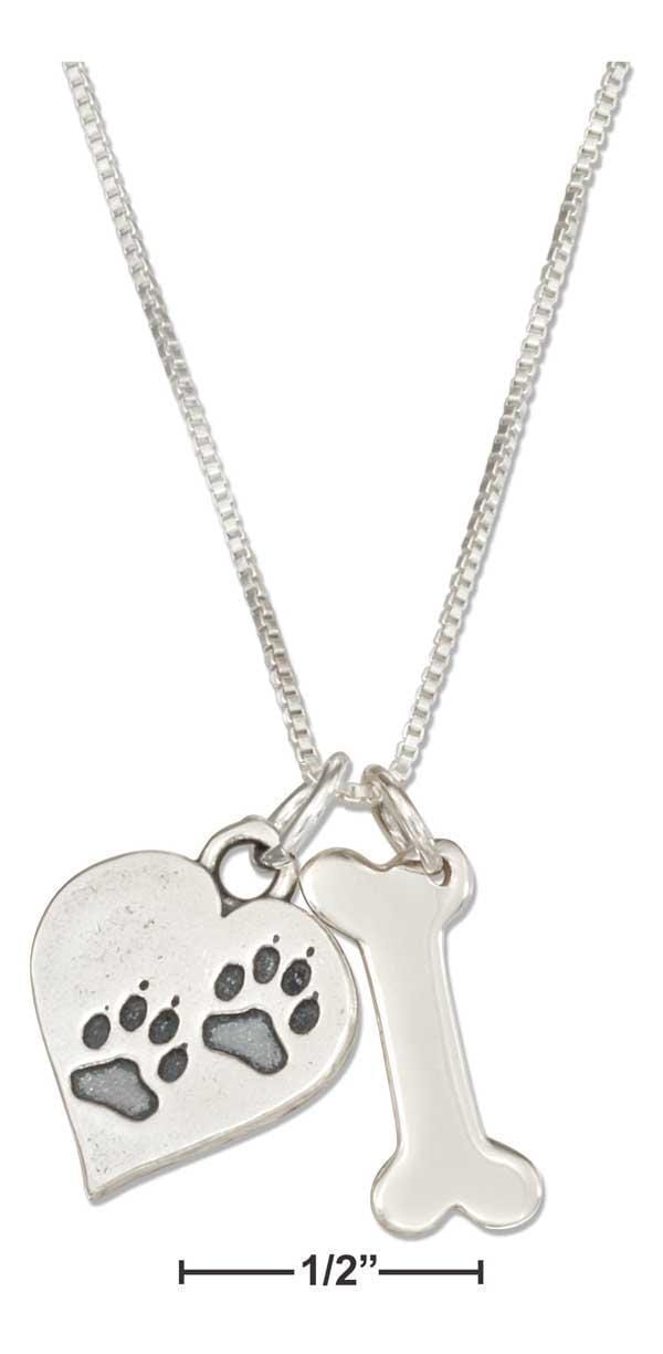 Silver Necklaces Sterling Silver Necklace:  18" Dog Bone Necklace With Dog Paw Prints Heart Charm JadeMoghul Inc.