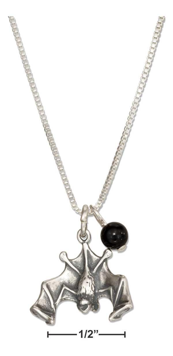 Silver Necklaces Sterling Silver Necklace:  18" Halloween Flying Bat Pendant Necklace With Black Onyx Bead JadeMoghul Inc.
