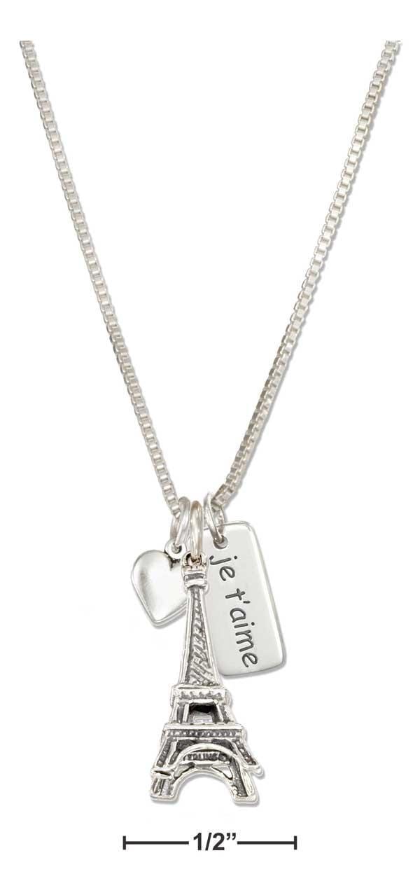 Silver Necklaces Sterling Silver Necklace:  18" I Love Paris Necklace With Eiffel Tower Heart & Je T'Aime Tag JadeMoghul Inc.