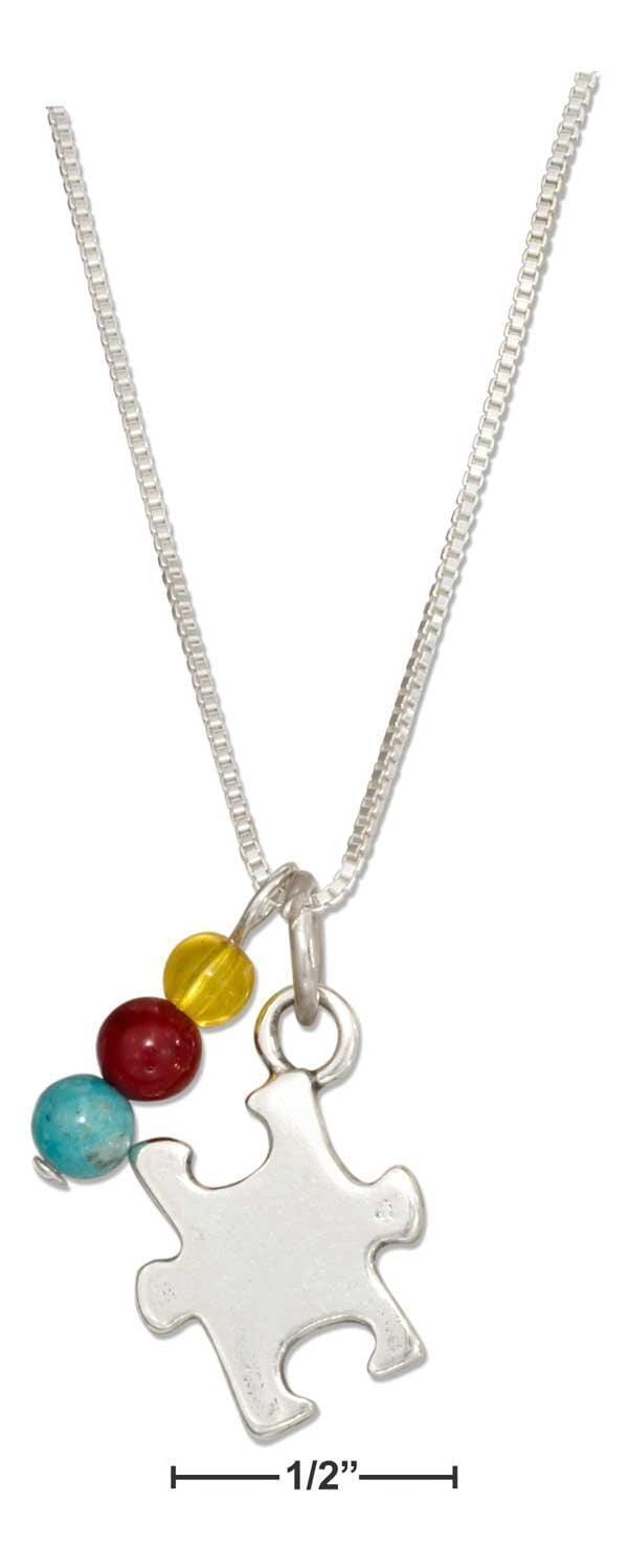 Silver Necklaces Sterling Silver Necklace:  18" Puzzle Piece Autism Awareness Pendant Necklace With Beads JadeMoghul Inc.