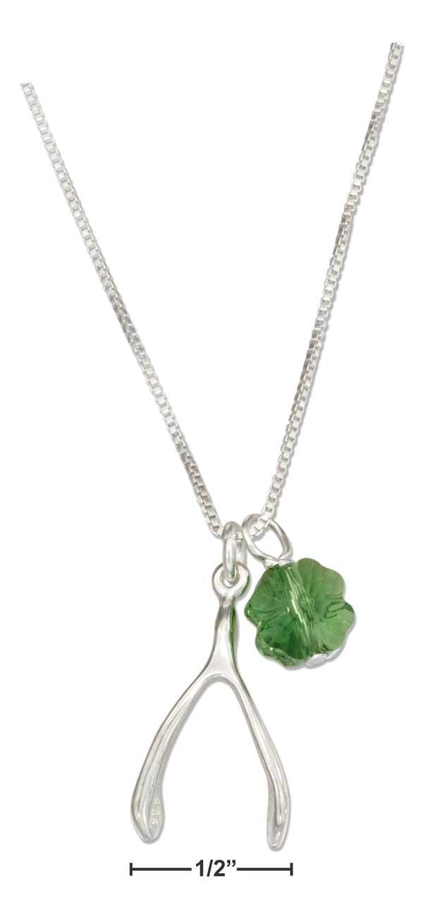 Silver Necklaces Sterling Silver Necklace:  18" Wishbone Necklace With Four Leaf Clover Green Crystal Pendant JadeMoghul Inc.