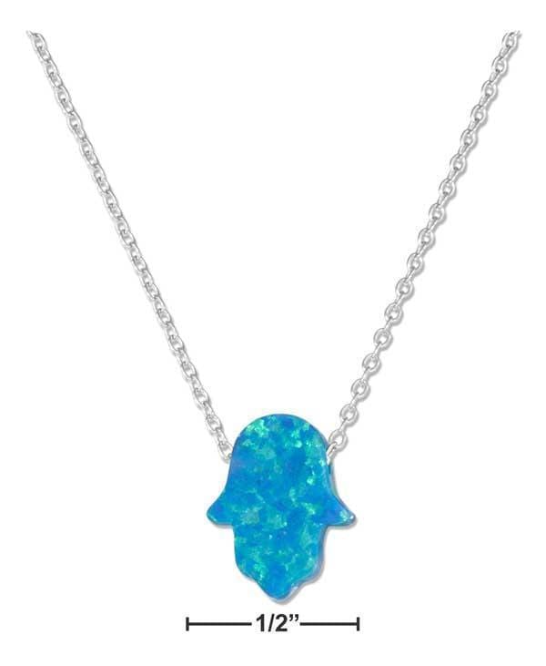 Silver Necklaces Sterling Silver Necklace:  Adjustable 15"-17" Synthetic Blue Opal Hand Of God Hamsa Necklace JadeMoghul Inc.