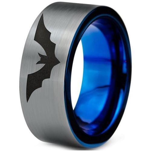 Silver Ring For Men Silver White Blue Tungsten Carbide Bat Flat Ring