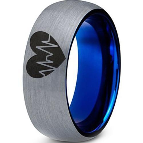 Silver Ring For Men Silver White Blue Tungsten Carbide Dome Court Heartbeat and Heart Ring