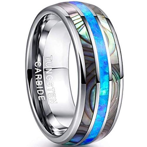 Silver Rings For Women Silver White Tungsten Carbide Abalone Shell Opal Dome Ring