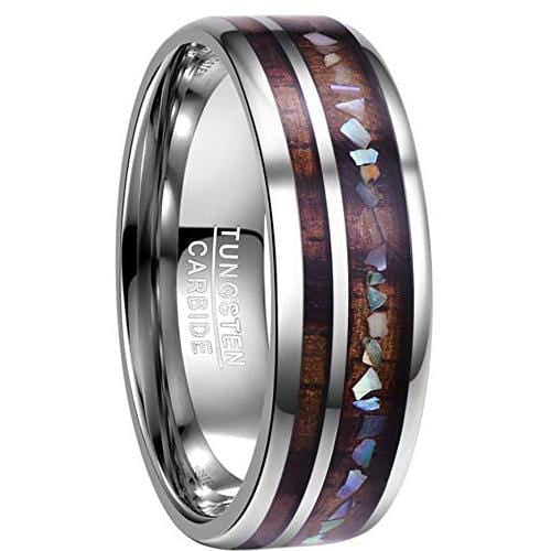 Silver Rings For Women Silver White Tungsten Carbide Dome Ring With Abalone Shell and Wood