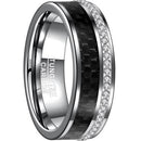 Silver Rings For Women Silver White Tungsten Carbide Ring With Black Carbon Fiber & Cubic Zirconia