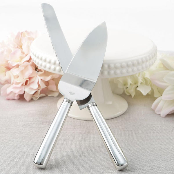 Simple elegance classic silver stainless steel cake knife set-Wedding Cake Accessories-JadeMoghul Inc.