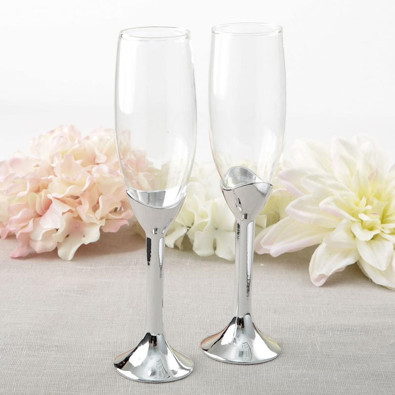 Simple elegance collection classic silver stem toasting flute set-Wedding Cake Accessories-JadeMoghul Inc.