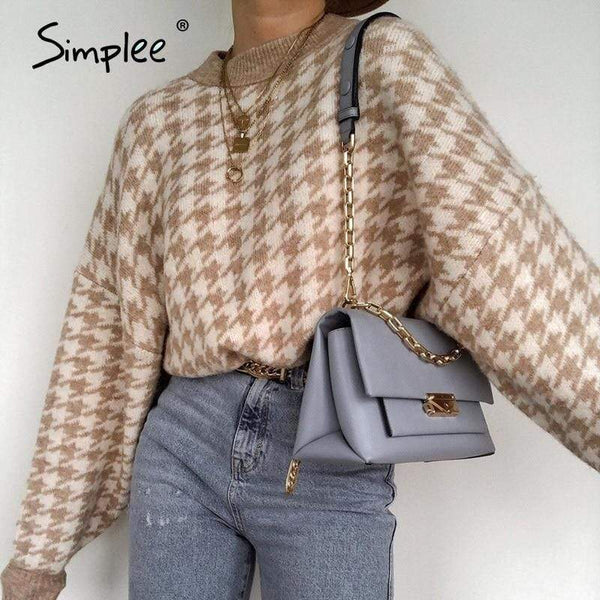 Simplee Women geometric khaki knitted sweater women casual Houndstooth lady pullover sweater female Autumn winter retro jumper JadeMoghul Inc. 