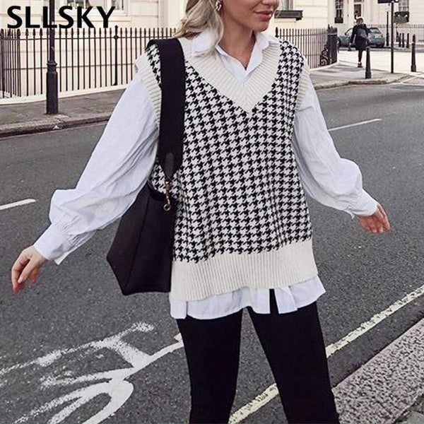 Sllsky Plaid Knitted Sweater Vest Women 2020 Oversized Pullover Vintage Sleeveless V-Neck Korean Female Waistcoat Sweater Tops JadeMoghul Inc. 