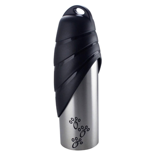 Small Pet Supplies Plastic Fin Cap Pet Travel Water Bottle in Stainless Steel, Large, Silver and Black Benzara