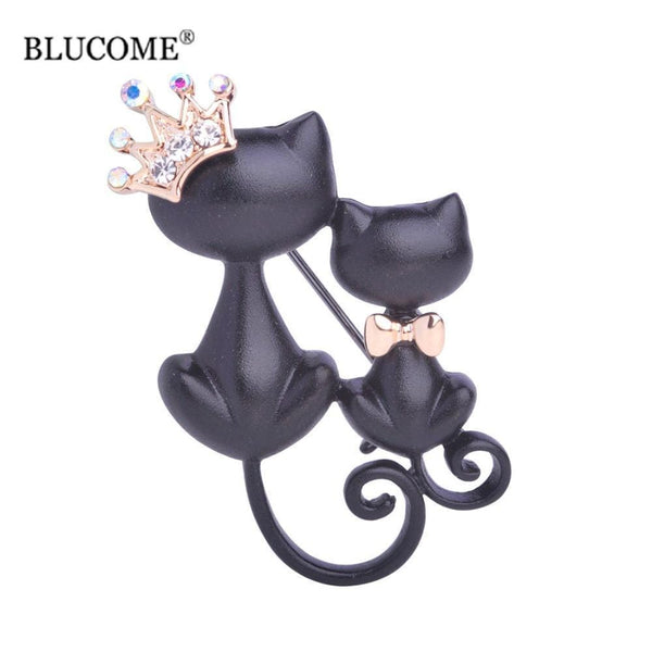 Smooth Black Mother Daughter Cats Brooches Crystal Crown Queen Corsages Hijab Pin Women Hats Scarf Suit Brooch Clothes Buckles AExp