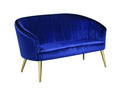 Sofas Sectionals & Loveseat Velvet Upholstered Accent Settee with Channel Tufted back and Metal Legs, Blue and Brass Benzara