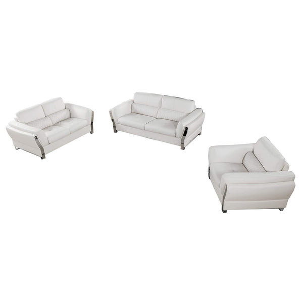 Three Piece Leatherette Living Room Wooden Sofa Set with Lumbar Cushions, White and Silver