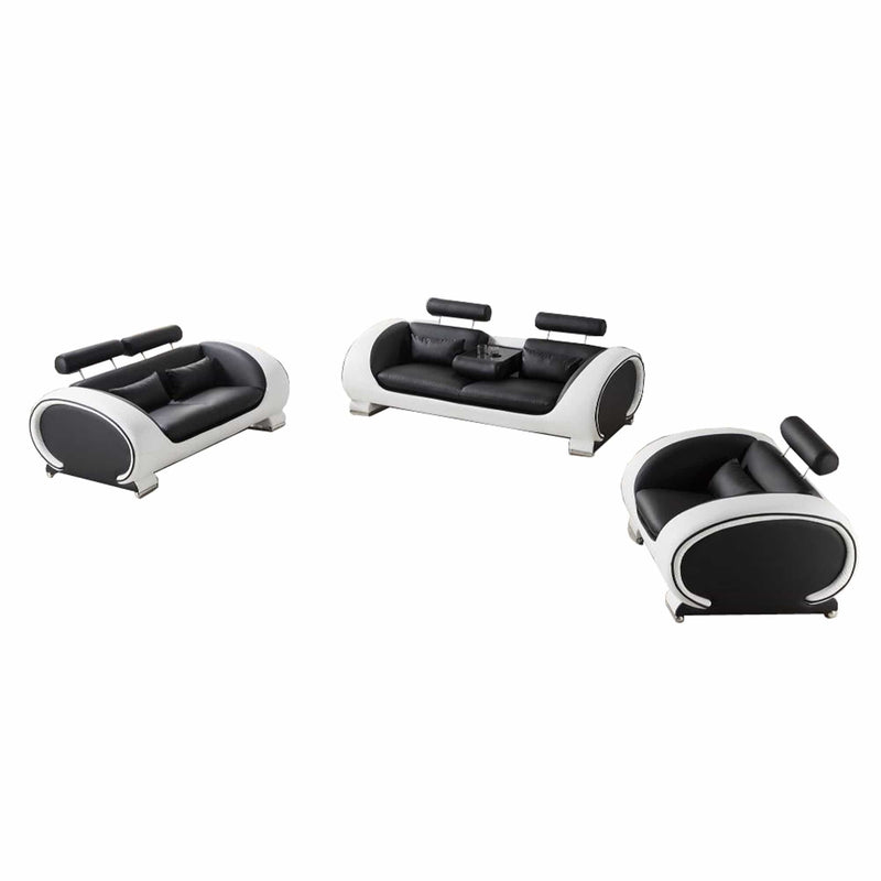 Three Piece Leatherette Upholstered Wooden Living Room Sofa Set with Headrest, Black and White