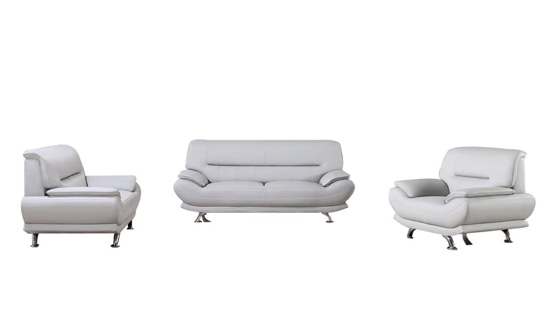 Three Piece Leatherette Upholstered Wooden Sofa Set with Pillow Top Armrest, Light Gray and Silver