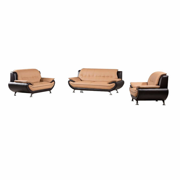 Three Piece Leatherette Wooden Sofa Set with Pillow Top Armrest, Brown and Silver