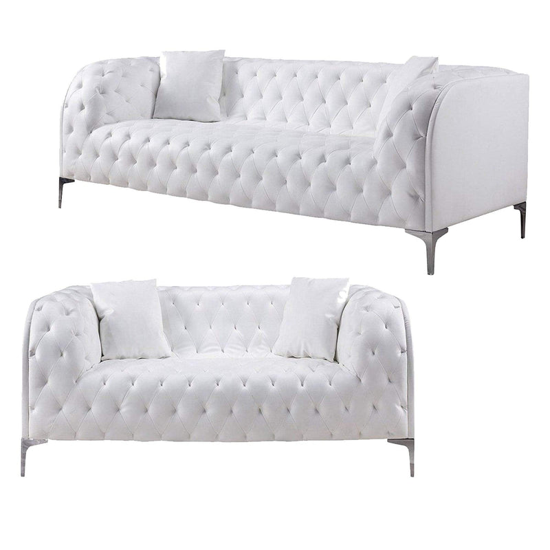 Two Piece Leatherette Upholstered Tufted Sofa Set with Accent Pillows and Steel Feet, White