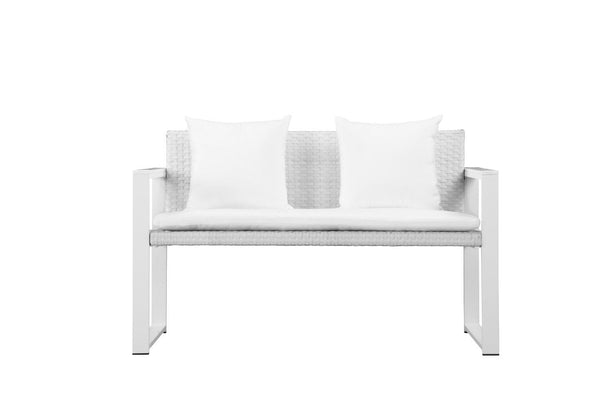 Upholstered Anodized Aluminum Cushioned Sofa with Rattan, White