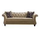 Sofas Velvet Fabric Sofa With 2 Patterned Pillows, Beige Benzara