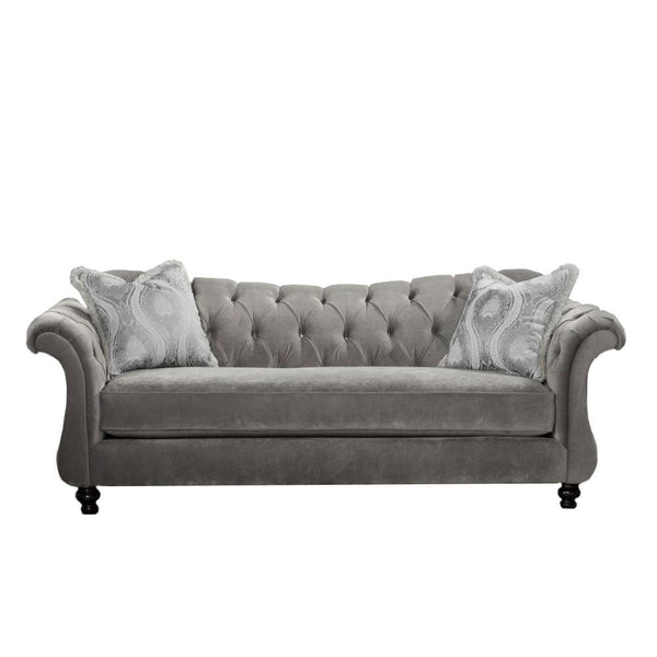 Sofas Velvet Fabric Sofa With 2 Pillows, Gray Benzara