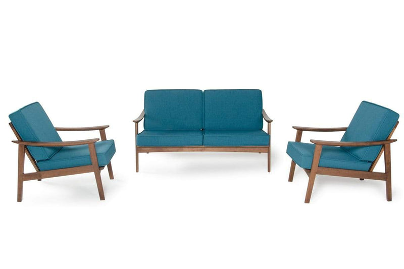 Sofas Wooden Sofa - 32" Blue and Walnut Wood and Linen Sofa Set HomeRoots