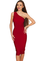 Solid Ruby Red Layla One-Shoulder Sexy Midi Knit Dress - Women Layla One-Shoulder Dress