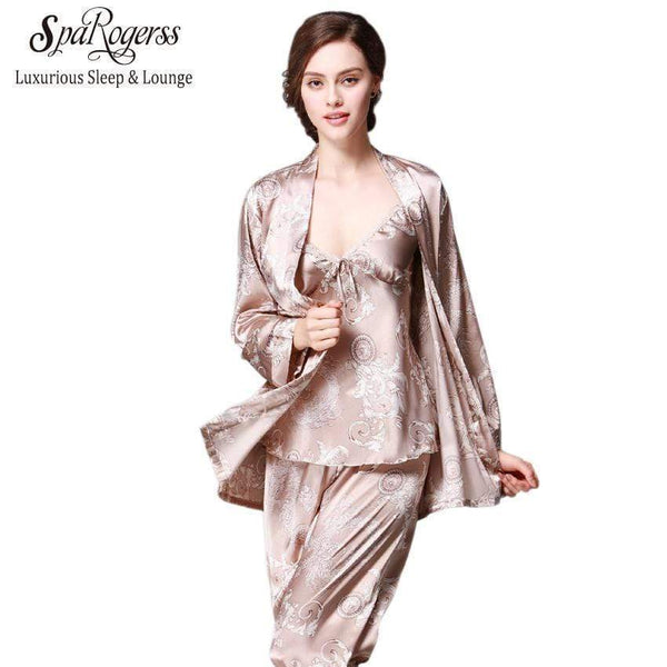 SpaRogerss New Women Luxury Pajama Sets 2017 Brand Fashion 3 Pcs Pajama Long Pants Set Female Pajamas Faux Silk Home Suit YT013 AExp