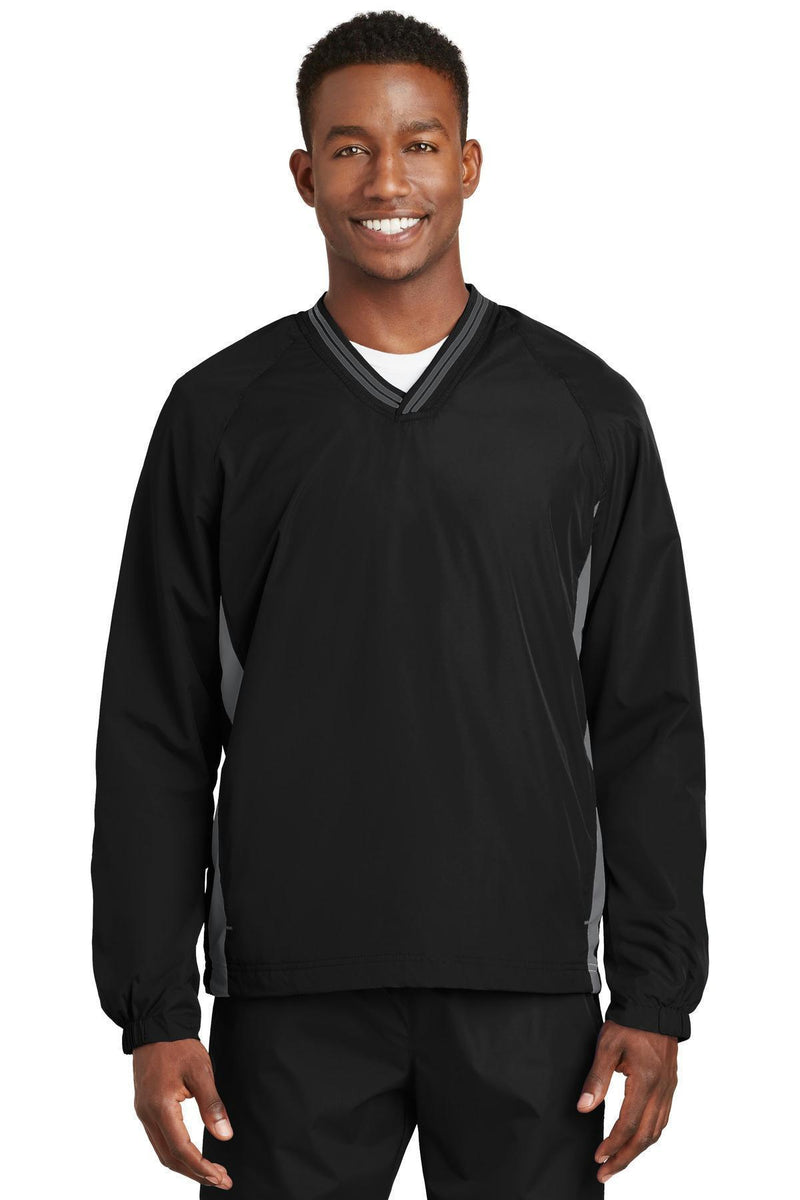 Sport-Tek Tipped V-Neck Raglan Wind Shirt. JST62-Activewear-Black/ Graphite Grey-6XL-JadeMoghul Inc.