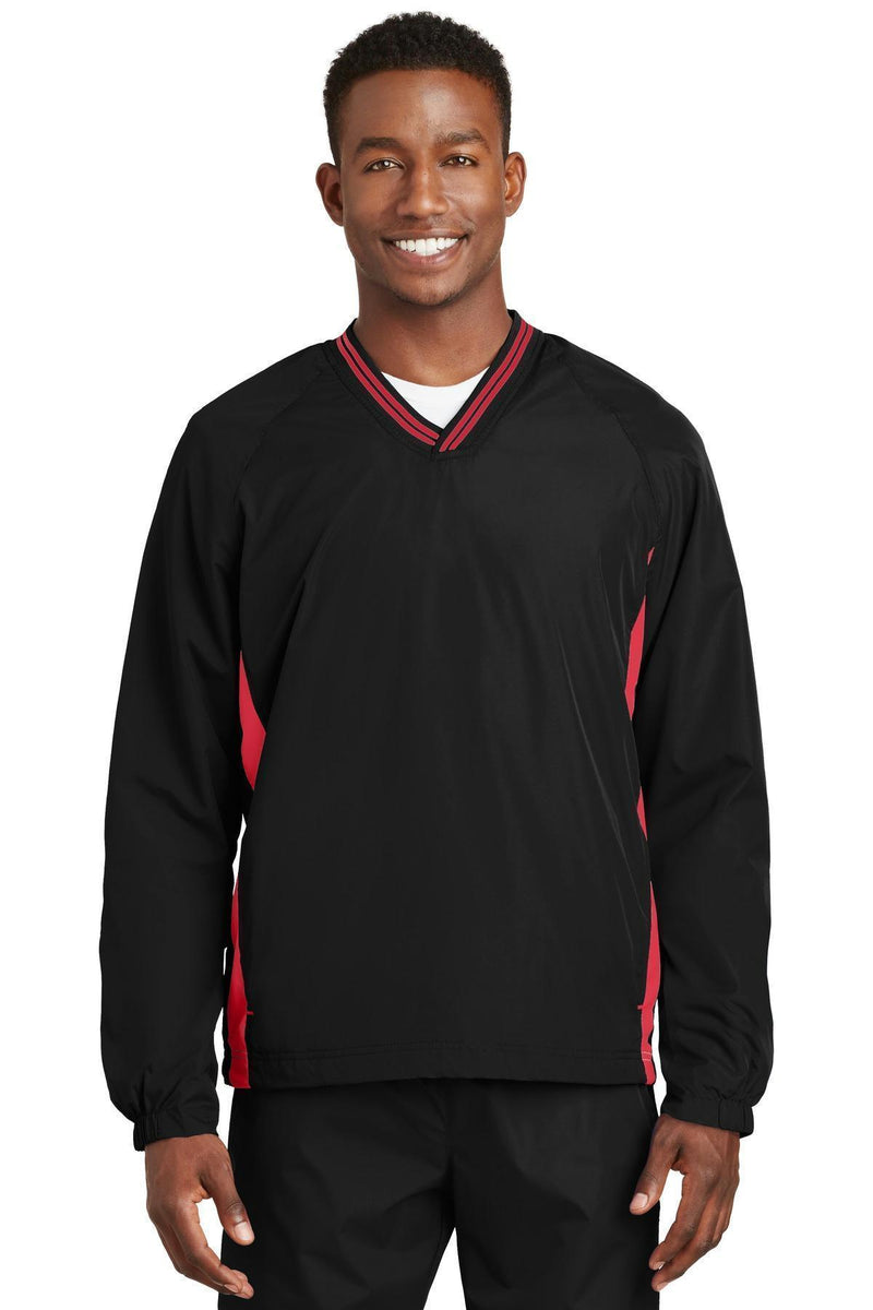 Sport-Tek Tipped V-Neck Raglan Wind Shirt. JST62-Activewear-Black/True Red-6XL-JadeMoghul Inc.