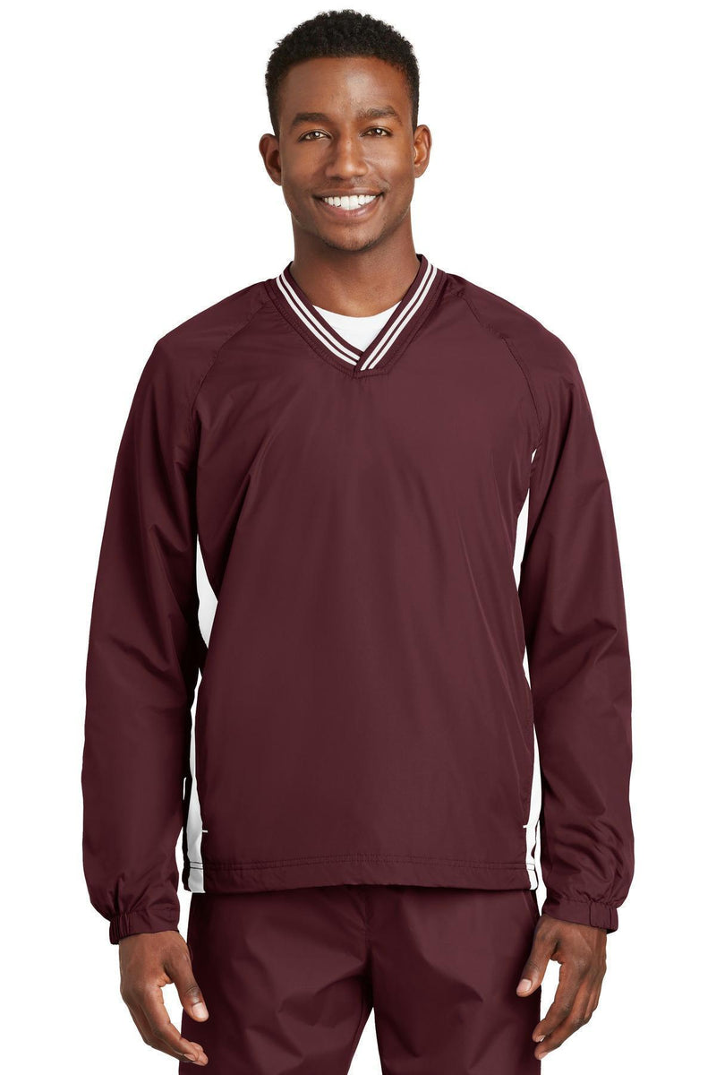 Sport-Tek Tipped V-Neck Raglan Wind Shirt. JST62-Activewear-Maroon/White-6XL-JadeMoghul Inc.